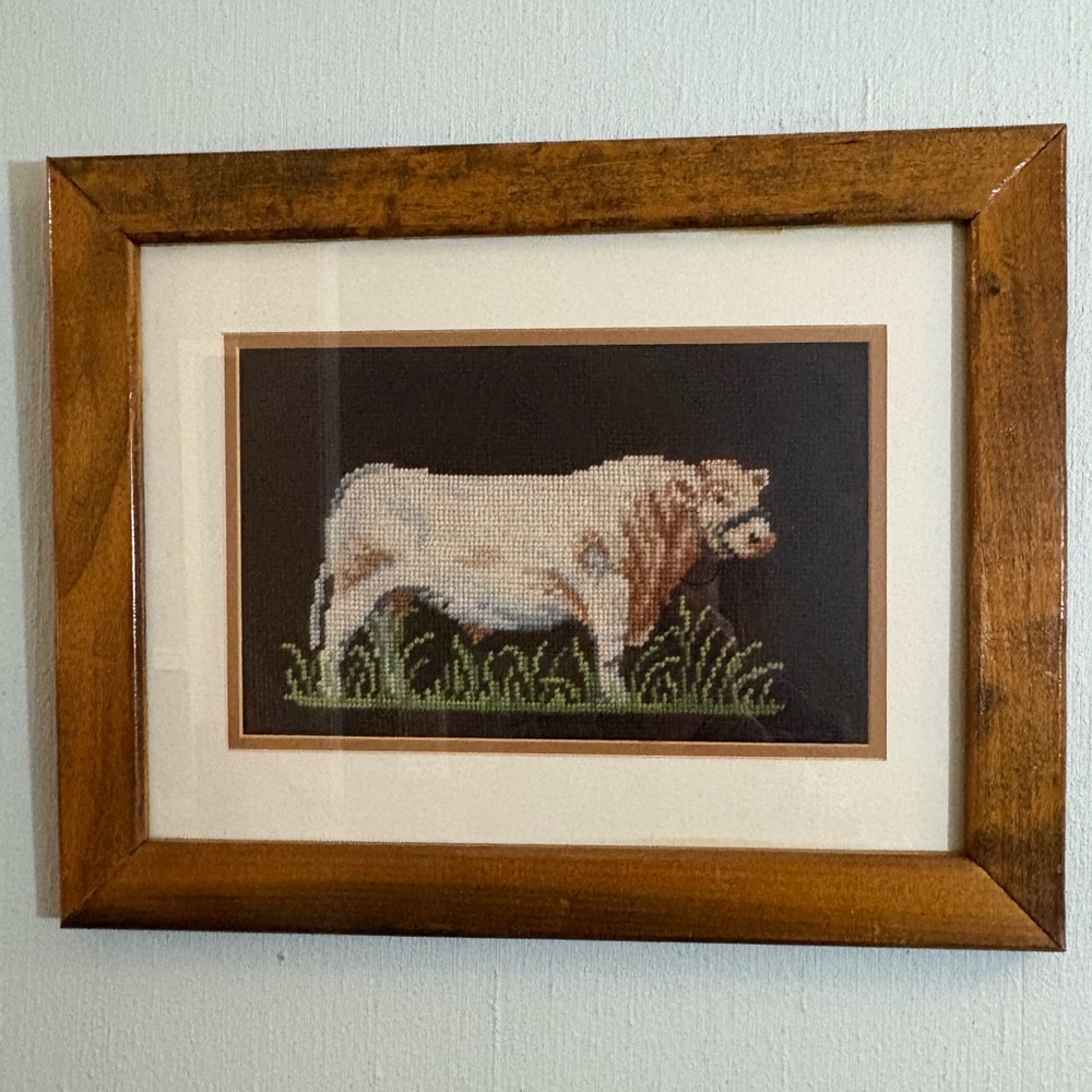 Beautiful Framed Vintage needlepoint tapestry, "Grandmillennial" :)); 15x19”